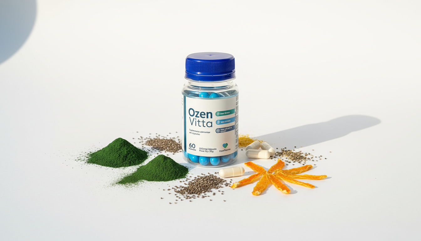 suplemento Ozenvitta pote com ingredientes naturais ao redor em fundo branco